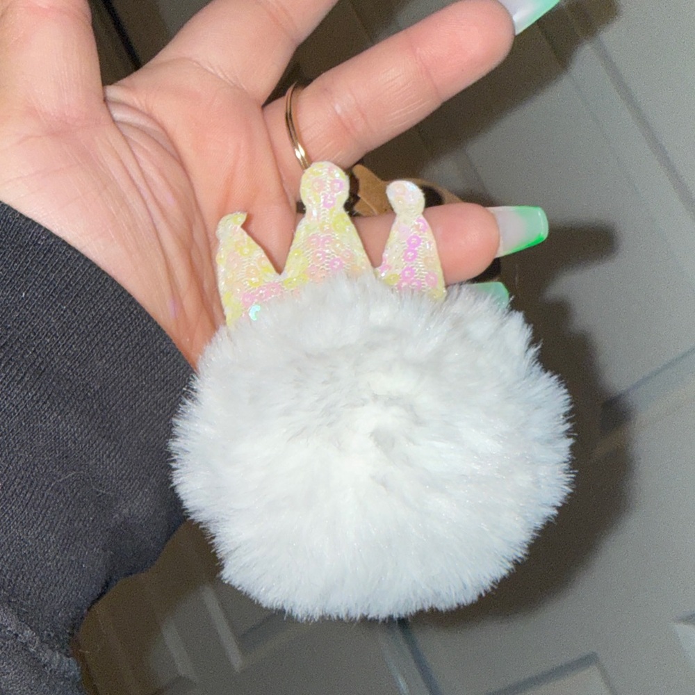 White Faux Fur Pom Crown Keychain